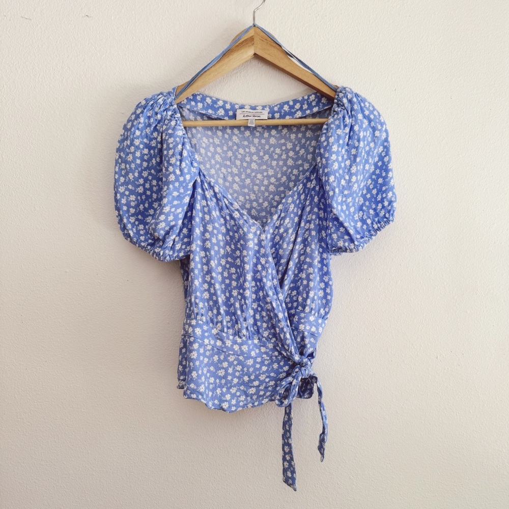 & Other Stories Blue Floral Puff Sleeve Wrap Top